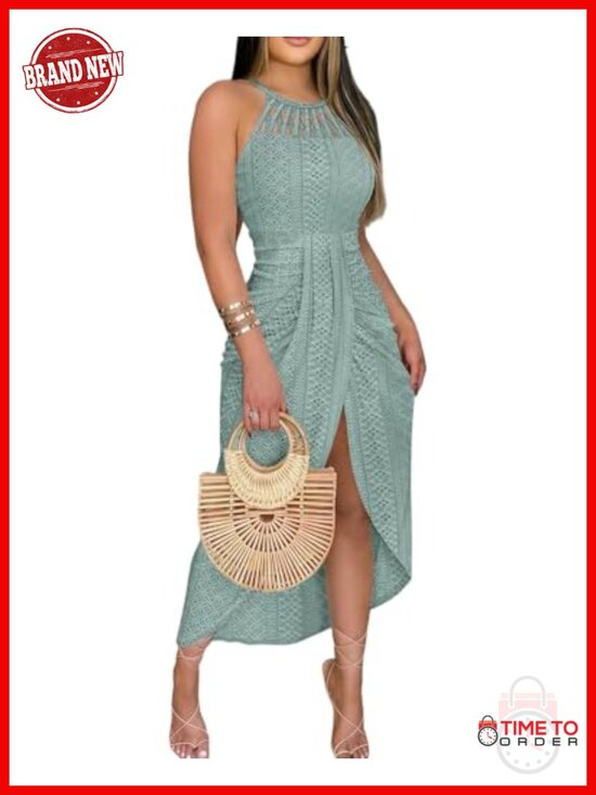 Dresses & Skirts - CHICME Summer Halter Ruched Bodycon Maxi Dress Eyelet Embroidery